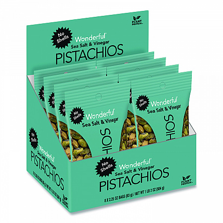 Wonderful No Shells Pistachios, Sea Salt and Vinegar, 2.25 oz Bag, 8/Box (PAR70033)