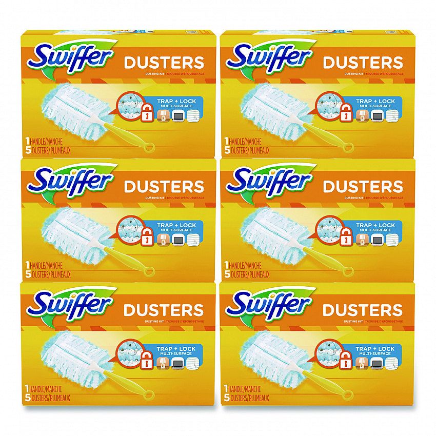 Dusters Starter Kit, Dust Lock Fiber, 6" Handle with Five Refill Dusters, Blue/Yellow, 6/Carton (11804CT)