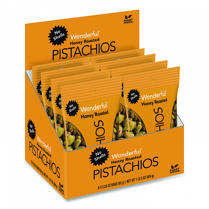 No Shells Honey Roasted Pistachios, 2.25 oz Bags, 8/Box (PAR91086)