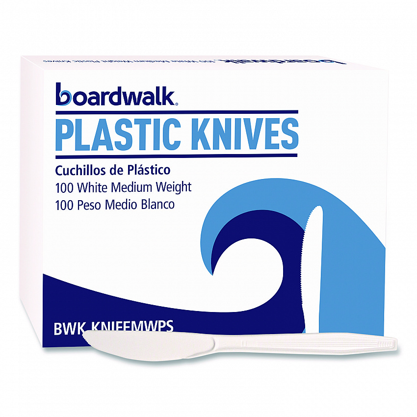 Mediumweight Polystyrene Cutlery, Knife, Plastic, White, 100/Box (KNIFEMWPSBX)