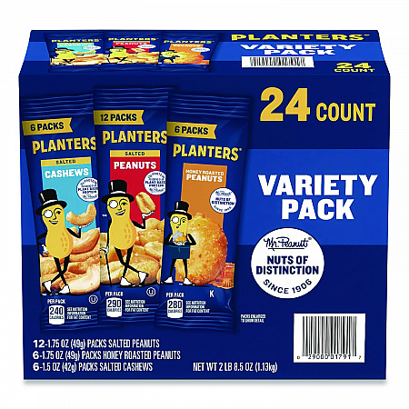 Salted Nuts Variety Pack, Assorted Flavors, 1.5 oz/1.75 oz Packs, 24/Carton (884624)
