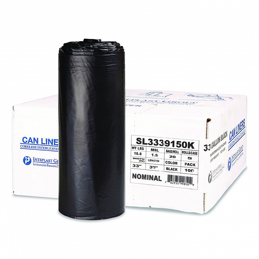 Low-Density Commercial Can Liners, 33 gal, 1.5 mil, 33" x 39", Black, Interleaved Roll, 20 Bags/Roll, 5 Rolls/Carton (SL3339150K)