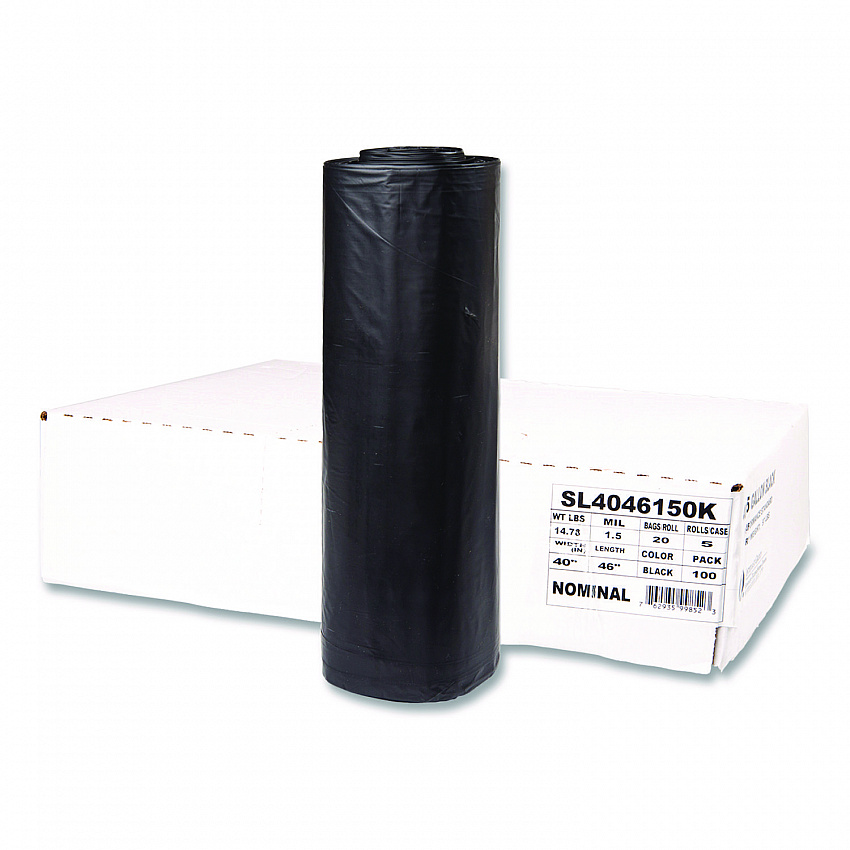 Institutional Low-Density Can Liners, 45 gal, 1.5 mil, 40" x 46", Black, Interleaved Roll, 20 Bags/Roll, 5 Rolls/Carton (SL4046150K)