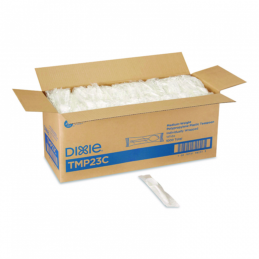 Mediumweight Polypropylene Cutlery, Individually Wrapped, Spoon, Plastic, White, 1,000/Carton (TMP23C)
