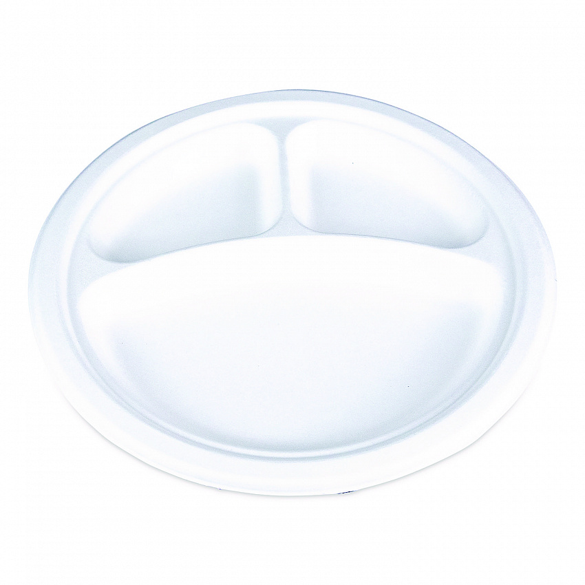 ChampWare Molded Fiber Tableware, 3-Compartment Plate, 10" dia, White, 125/Sleeve, 4 Sleeves/Carton (18163WPF)