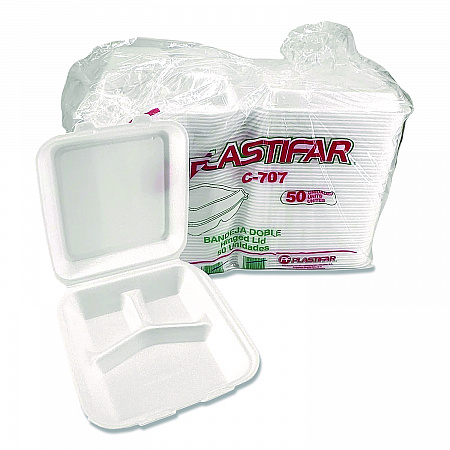 Foam Hinged Lid Containers, 3-Compartment, 7.56 x 8.25 x 2.38, White, Foam, 200/Carton (12109)