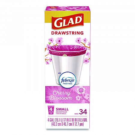OdorShield Small Drawstring Trash Bags, 4 gal, Cherry Blossom Scent, 0.5 mil, 18