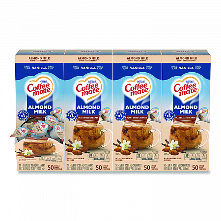 Plant-Based Almond Milk Non-Dairy Liquid Creamer Singles, Natural Vanilla, 0.38 oz Mini Cups, 200/Carton (42258CT)