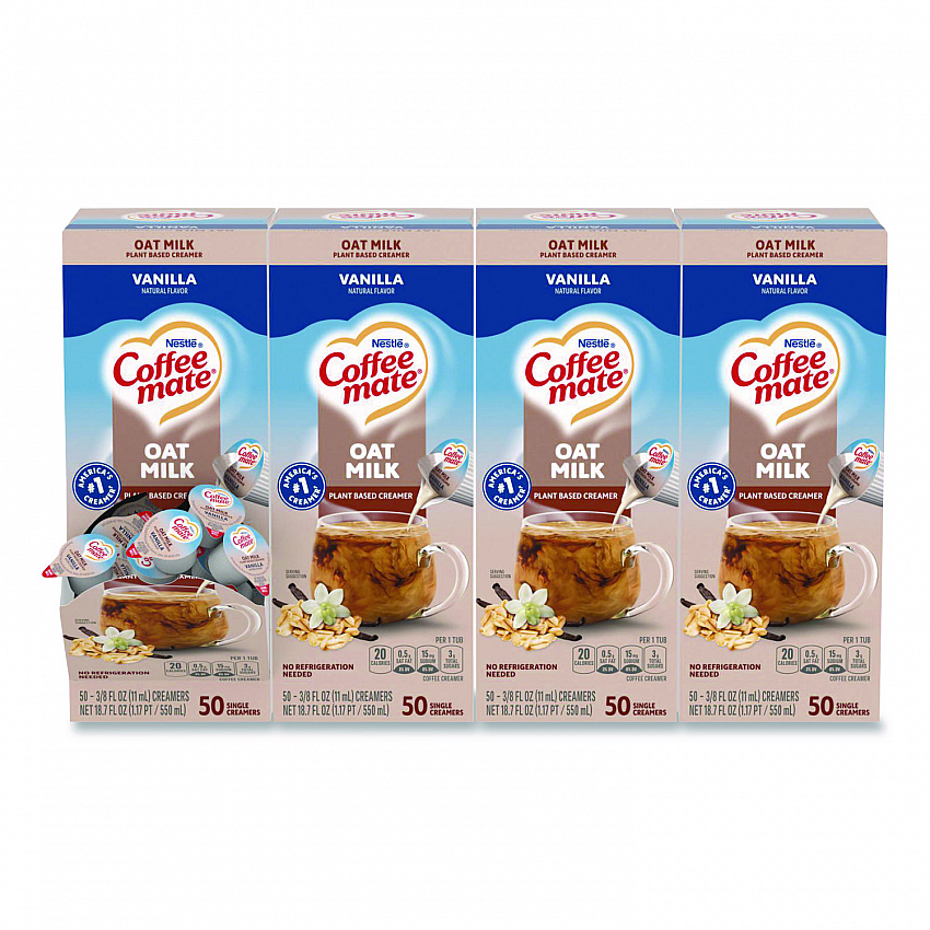 Plant-Based Oat Milk Liquid Creamers, Natural Vanilla, 0.38 oz Mini Cups, 50/Box, 4 Boxes/Carton (19891CT)