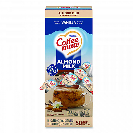 Plant-Based Almond Milk Non-Dairy Liquid Creamer Singles, Natural Vanilla, 0.38 oz Mini Cups, 50/Box (42258BX)