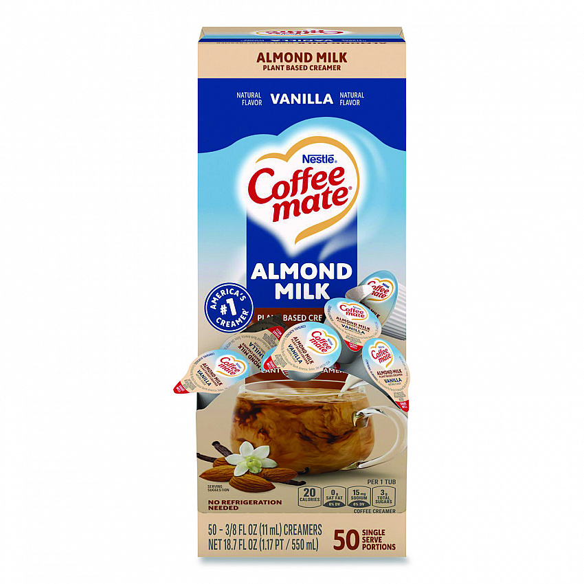 Plant-Based Almond Milk Non-Dairy Liquid Creamer Singles, Natural Vanilla, 0.38 oz Mini Cups, 50/Box (42258BX)