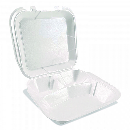 Foam Hinged Lid Containers, 3-Compartment, 9 x 9 x 3, White, Foam, 200/Carton (12083)
