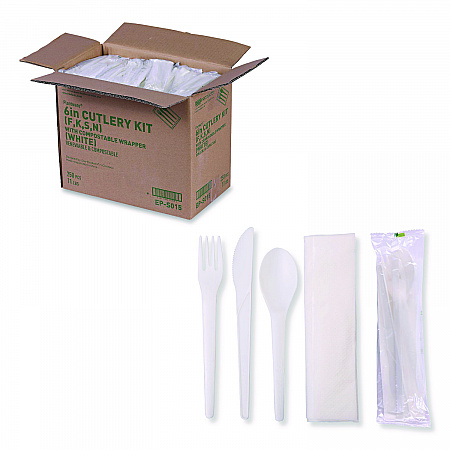 Plantware Compostable Cutlery Kit, Fork/Knife/Napkin/Spoon, Pearl White, 250 Kits/Carton (EPS015)