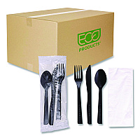 100% Recycled Content Cutlery Kit, Heavyweight Fork/Knife/Soup Spoon/Spoon, Plastic, Black, 250/Carton (EPS115)