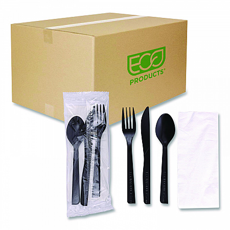 100% Recycled Content Cutlery Kit, Heavyweight Fork/Knife/Soup Spoon/Spoon, Plastic, Black, 250/Carton (EPS115)