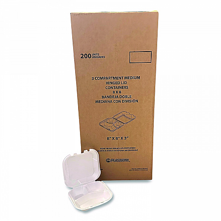Foam Hinged Lid Containers, 3-Compartment, 8.56 x 8 x 2.76, White, Foam, 200/Carton (12092)