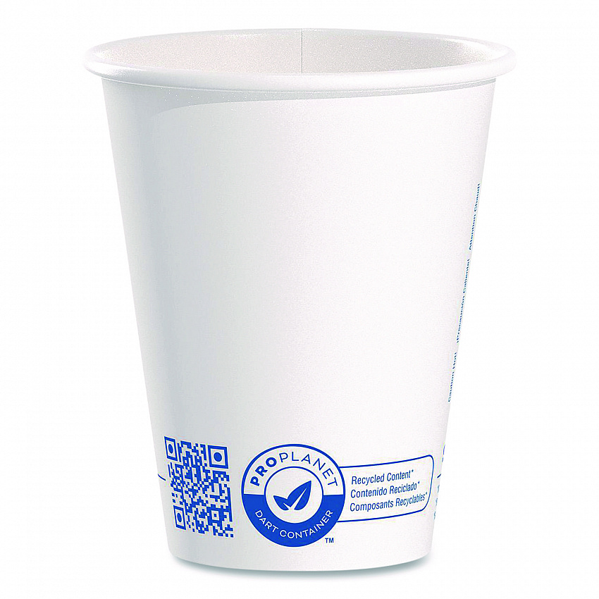 Recycled Content PCF Paper Hot Cups, ProPlanet Seal, 8 oz, White, 50/Pack (378RCPLANEPK)