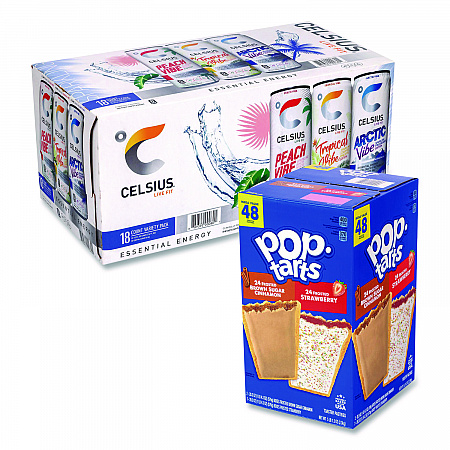 Celcius Vibe and Pop Tarts Variety Combo Pack,(18) 12oz Cans,(24) Frosted Strawberry/(24) Frosted Brown Sugar Cinnamon/Bundle (60004172)