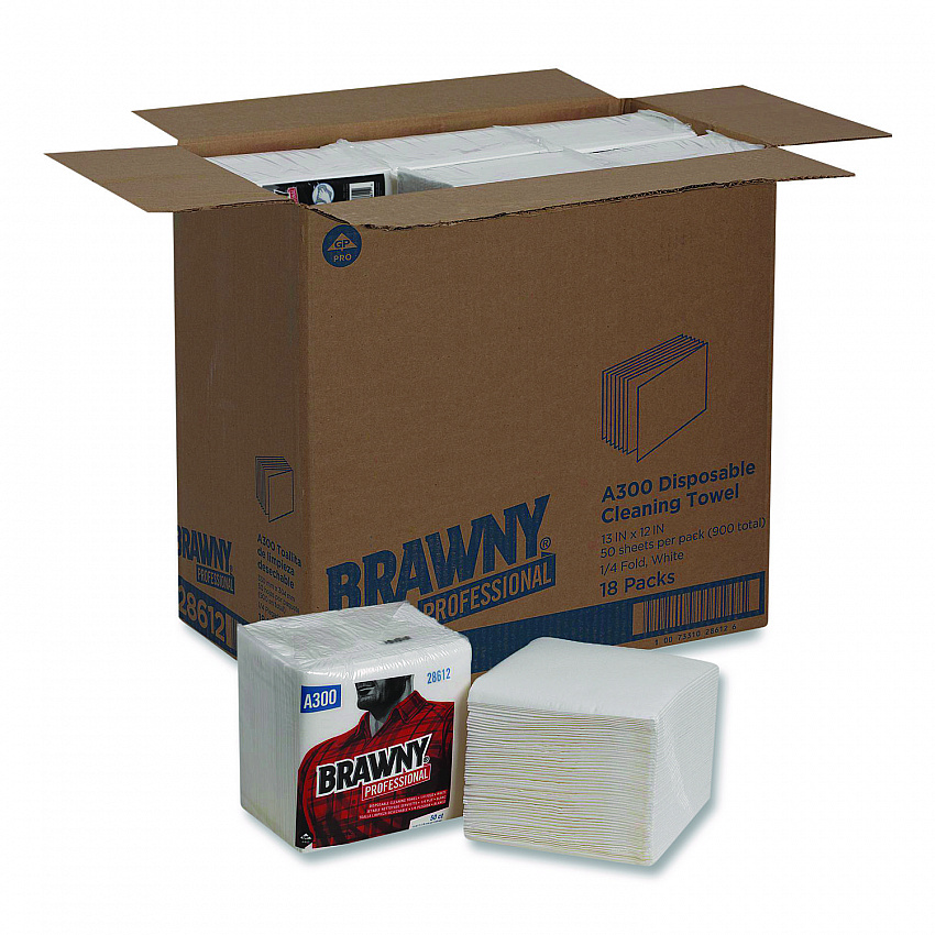 Professional Cleaning Towels, 1-Ply, 12 x 13, White, 50/Pack, 18 Packs/Carton (28612)