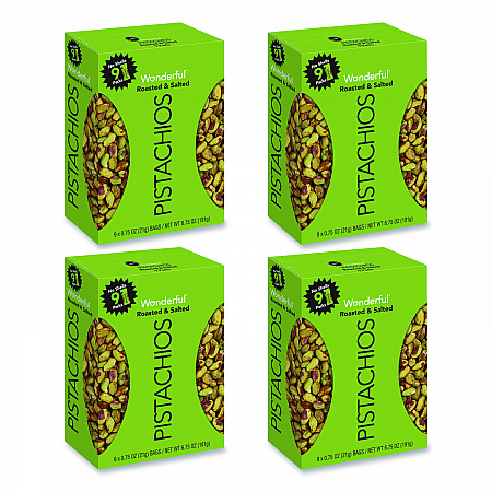 Wonderful No Shells Pistachios, Roasted and Salted, 0.75 oz Bag, 9 Bags/Box, 4 Boxes/Carton (PAR91100)