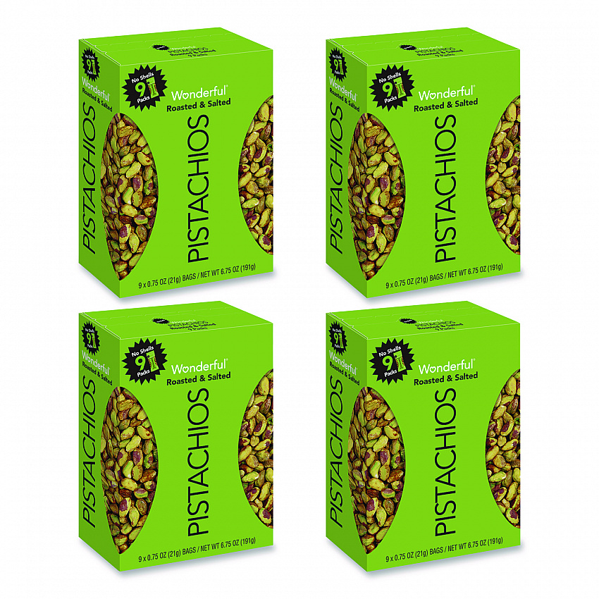 Wonderful No Shells Pistachios, Roasted and Salted, 0.75 oz Bag, 9 Bags/Box, 4 Boxes/Carton (PAR91100)