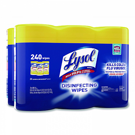 Disinfecting Wipes, 1-Ply, 7 x 7.25, Lemon and Lime Blossom, White, 80 Wipes/Canister, 3 Canisters/Pack, 2 Packs/Carton (84251CT)