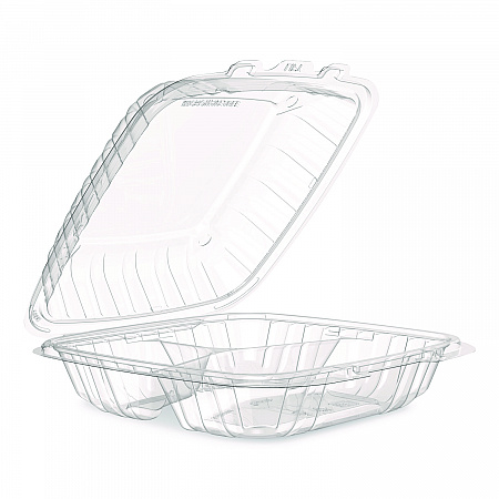 Microwaveable Hinged Containers, ProPlanet Seal, 3 Compartments, 9 x 8.75 x 3, Clear, Plastic,150/Carton (90PPHT3)
