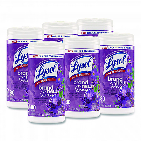 Disinfecting Wipes, 1-Ply, 7 x 7.25, Lavender and Cotton Blossom, White, 80 Wipes/Canister, 6 Canisters/Carton (56264CT)