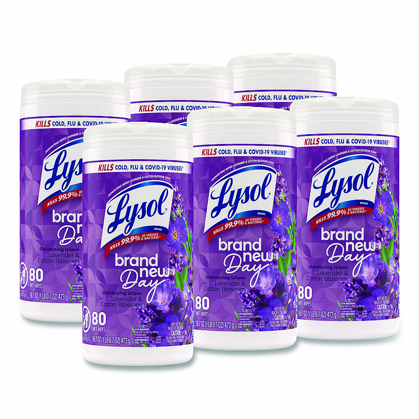 Disinfecting Wipes, 1-Ply, 7 x 7.25, Lavender and Cotton Blossom, White, 80 Wipes/Canister, 6 Canisters/Carton (56264CT)