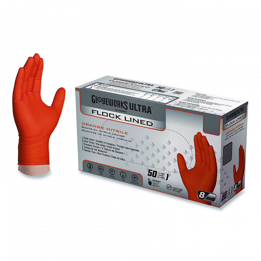 Ultra Industrial Flock-Lined Nitrile Disposable Gloves, Large, 8 mil Thick, 9.06" Long, Orange, 50/Box, 10 Boxes/Carton (GWUOFN46050)