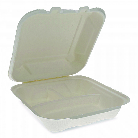 EarthChoice Bagasse Hinged Lid Container, 7.8 x 7.8 x 2.8, White, 150/Carton (YMCH0803BB)