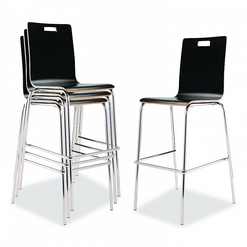 Bushwick Series Bentwood Stool, Supports Up to 500 lb, 30" Seat Height, Black Seat, Black Back, Chrome Base, 4/Carton (BCS234)