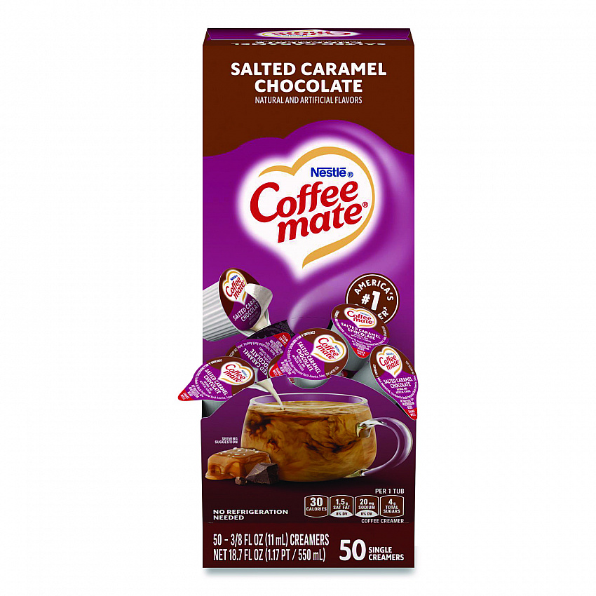 Liquid Coffee Creamer, Salted Caramel Chocolate, 0.38 oz Mini Cups, 50/Box (77197)