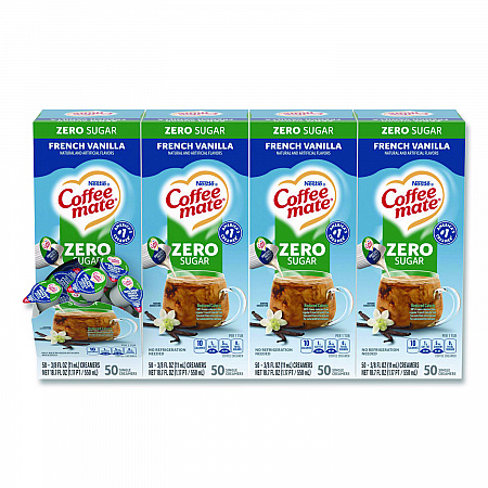 Liquid Coffee Creamer, Zero Sugar French Vanilla, 0.38 oz Mini Cups, 50/Box, 4 Boxes/Carton (91757CT)