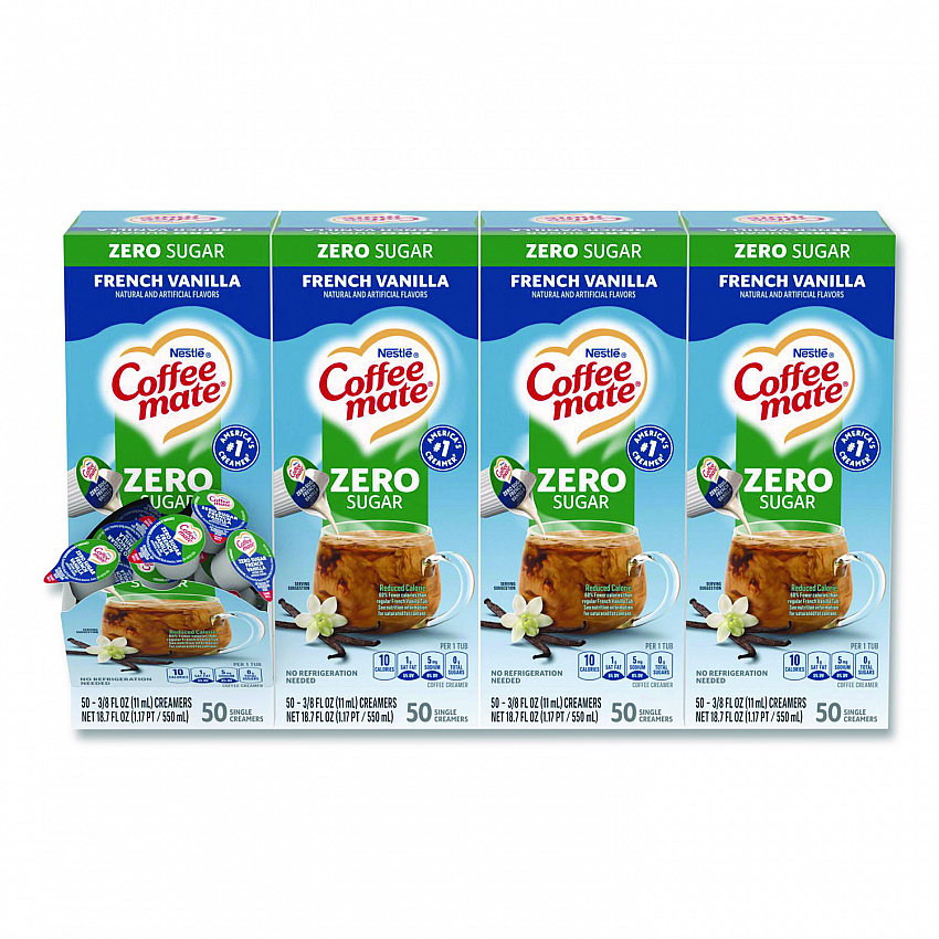 Liquid Coffee Creamer, Zero Sugar French Vanilla, 0.38 oz Mini Cups, 50/Box, 4 Boxes/Carton (91757CT)