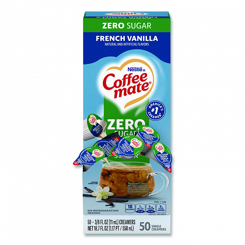 Liquid Coffee Creamer, Zero Sugar French Vanilla, 0.38 oz Mini Cups, 50/Box (91757)