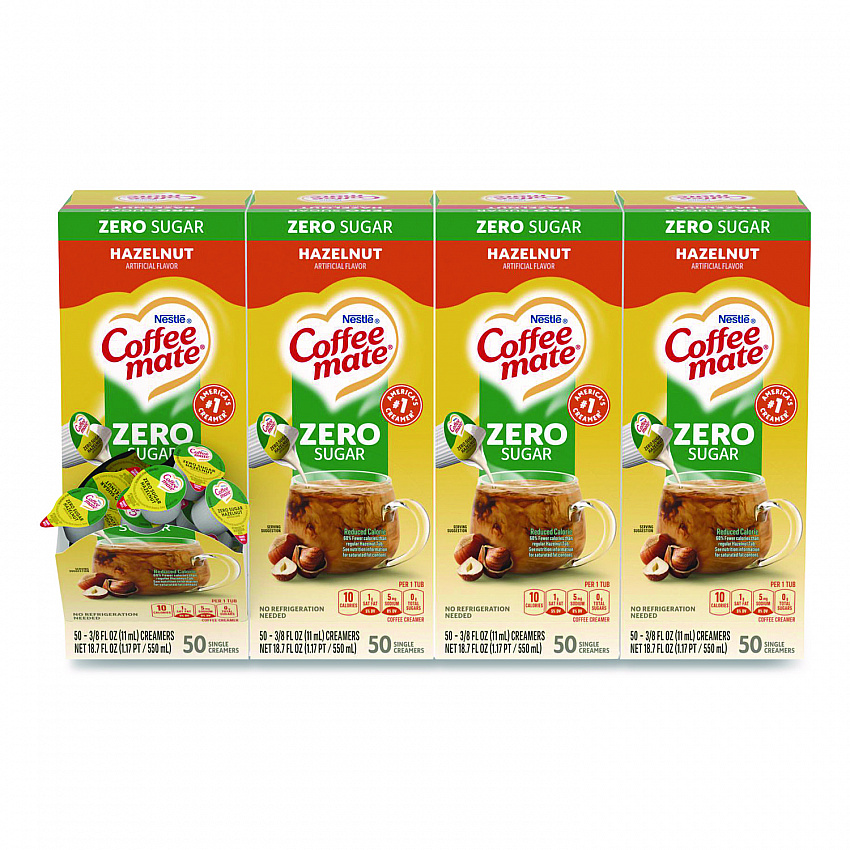 Liquid Coffee Creamer, Zero Sugar Hazelnut, 0.38 oz Mini Cups, 50/Box, 4 Boxes/Carton (98468CT)