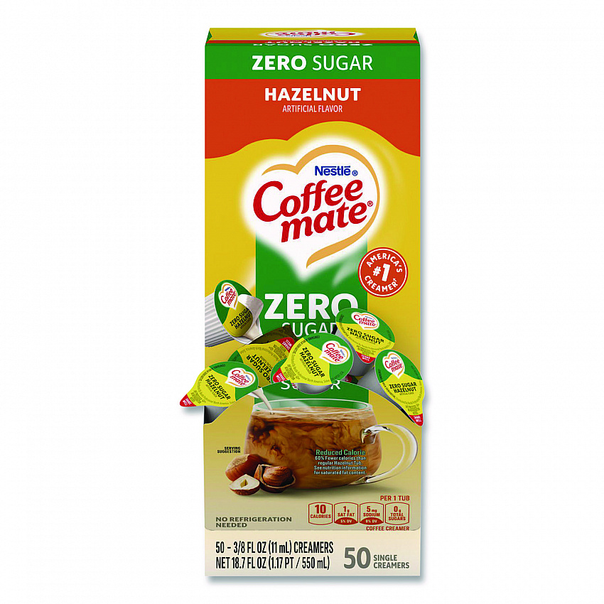 Liquid Coffee Creamer, Zero Sugar Hazelnut, 0.38 oz Mini Cups, 50/Box (98468BX)