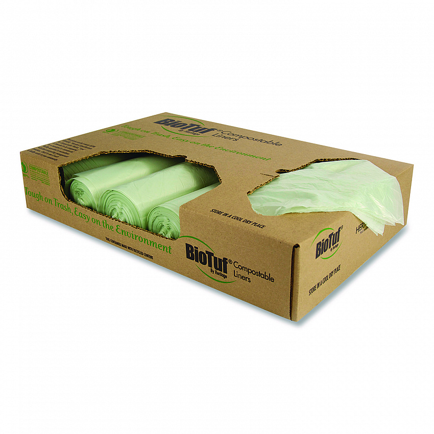Biotuf Compostable Can Liners, 48 gal, 1 mil, 42" x 48", Green, 20 Bags/Roll, 5 Rolls/Carton (Y8448YER01)