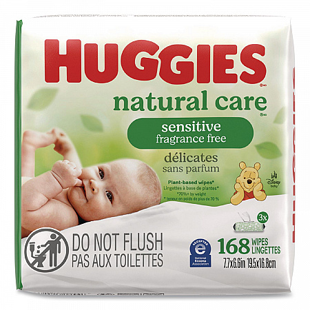 Natural Care Sensitive Baby Wipes, 6.6 x 6.86, Unscented, White, 56 Wipes/Pack, 3 Packs/Carton (41926)
