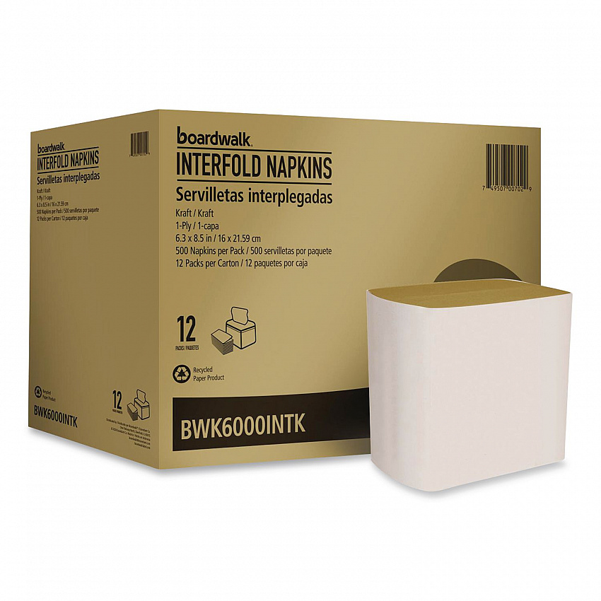 Interfold Napkins, 1-Ply, 8.8 x 6.3, Kraft, 500/Pack, 12 Packs/Carton (6000INTK)