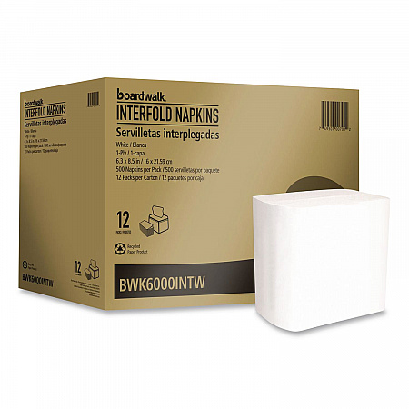 Interfold Napkins, 1-Ply, 8.8 x 6.3, White, 500/Pack, 12 Packs/Carton (6000INTW)