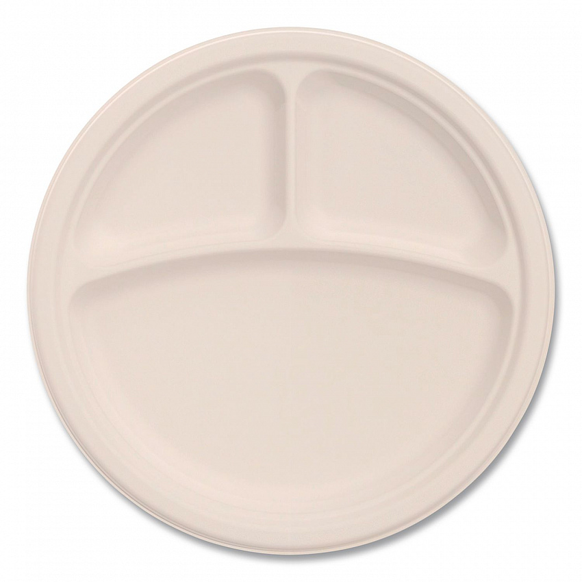 Compostable Molded Fiber Dinnerware, ProPlanet Seal, 3-Compartment Plate, 9" dia, Natural, 500/Carton (9FBRP3)
