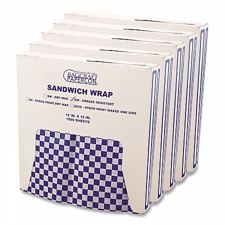 Grease-Resistant Paper Wraps and Liners, 12 x 12, Blue Check, 1,000/Box, 5 Boxes/Carton (057850)