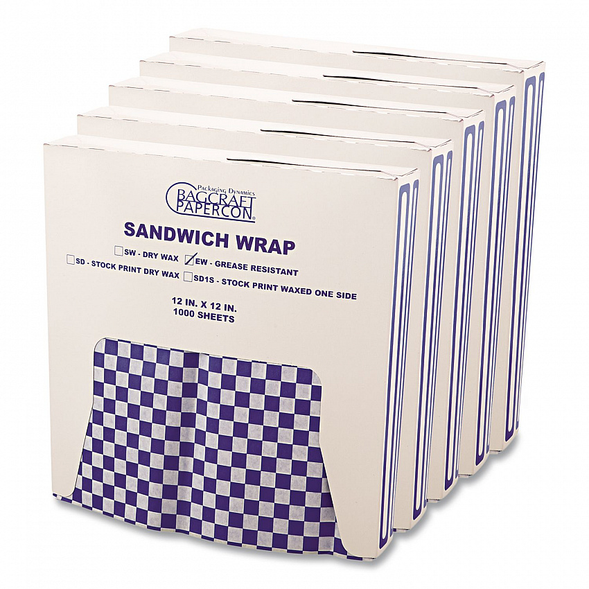 Grease-Resistant Paper Wraps and Liners, 12 x 12, Blue Check, 1,000/Box, 5 Boxes/Carton (057850)