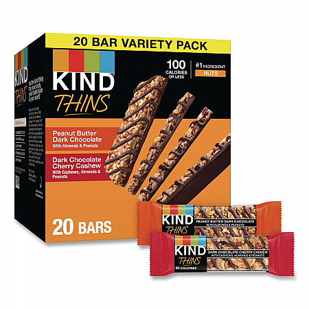 Thins Peanut Butter Dark Chocolate and Dark Chocolate Cherry Cashew Variety Pack, 0.74 oz Bar, 20/Box (41891)