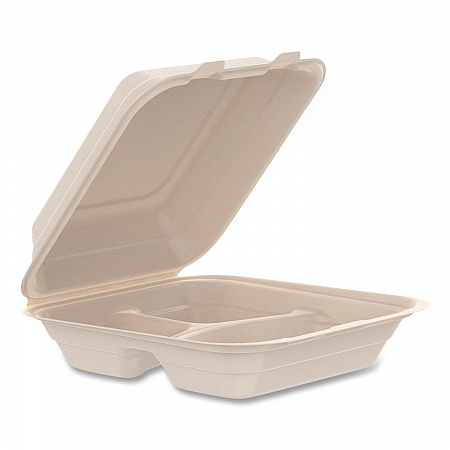 Compostable Molded Fiber Hinged Trays, ProPlanet Seal, 3 Compartments, 8.65 x 7.94 x 2.98, Natural, 200/Carton (80FBRHT3)