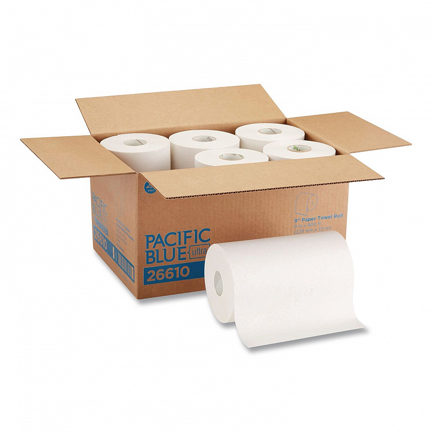SofPull Hardwound Paper Towel Roll, Nonperforated, 1-Ply, 9" x 400 ft, White, 6 Rolls/Carton (26610)