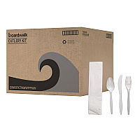 Four-Piece Cutlery Kit, Mediumweight, Fork/Knife/Napkin/Spoon, Plastic, White, 250/Carton (FKTNMWPPWH)