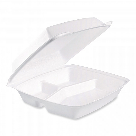Foam Hinged Lid Containers, 3 Compartments, 9.5 x 10.26 x 3.4, White, 200/Carton (110HT3)